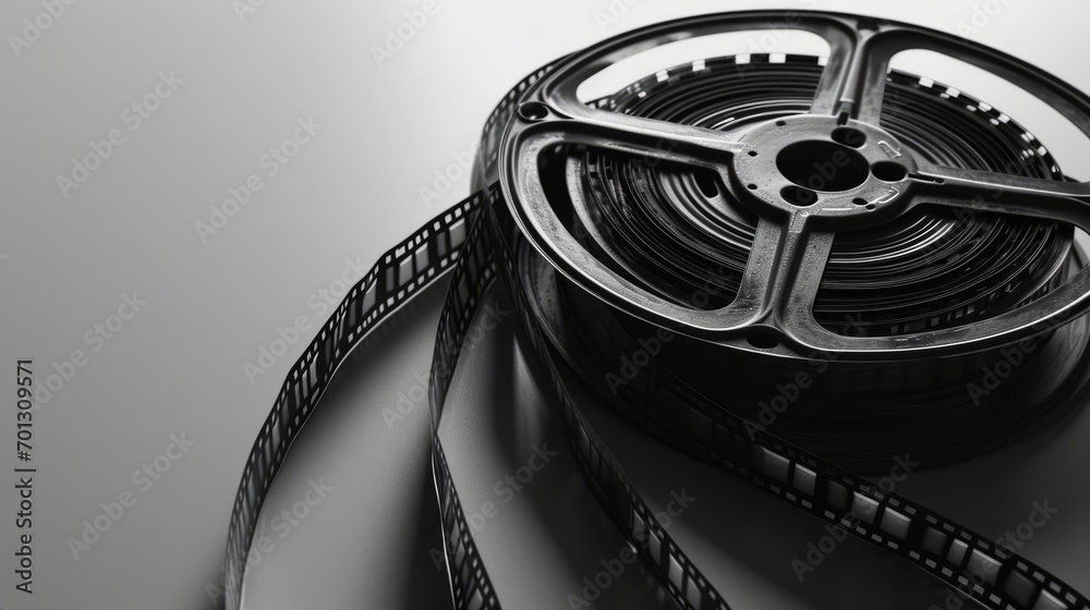 Close-up of a classic film reel in monochrome tones.