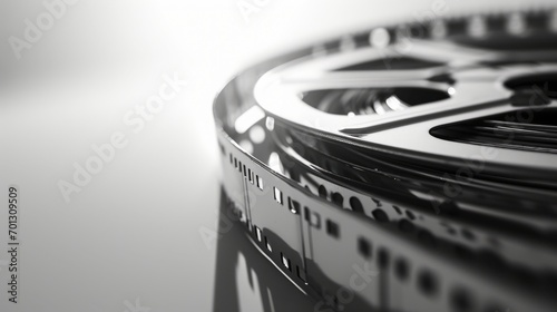 Close-up of a classic film reel in monochrome tones. photo