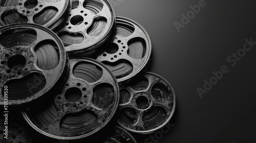 Multiple film reels with a focus on their intricate details.