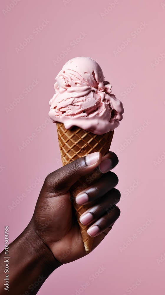 Grasping a creamy ice cream against a blush pink backdrop. Generative AI Grasping a creamy ice cream against a blush pink backdrop. Generative AI