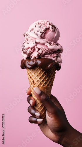 Grasping a creamy ice cream against a blush pink backdrop. Generative AI