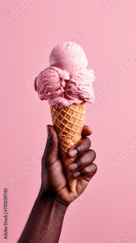 Grasping a creamy ice cream against a blush pink backdrop. Generative AI