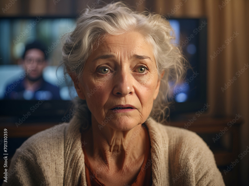 an old woman, a grandmother watches the news, TV and is horrified, fear-mongering, frightening, an old woman, a grandmother watches the news, TV and is horrified, fear-mongering, frightening,