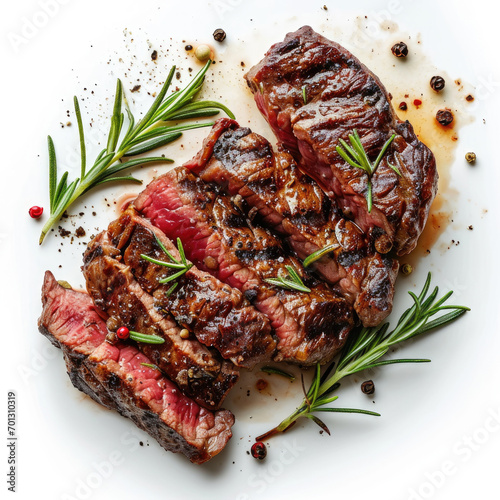 grilled steak with vegetables, pepper, and rosemary leaves. isolated on a white background