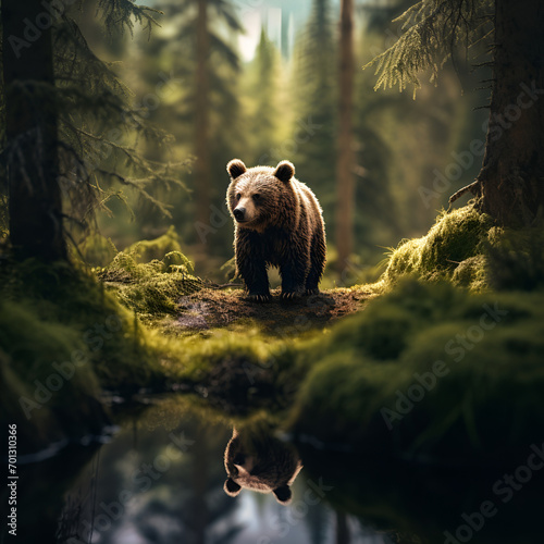 Concept photo of a miniature grizzly bear in the forest