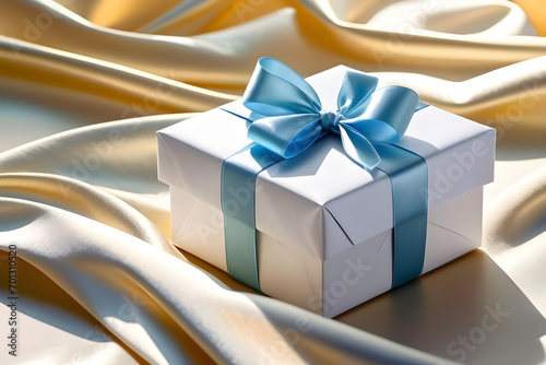 A gift box with a blue ribbon placed on a white silk cloth. Generative AI © 냥냥냥 난
