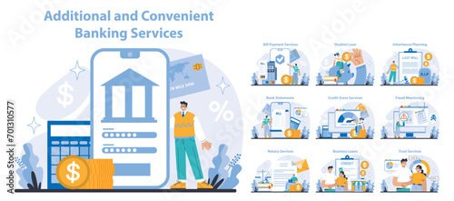 Additional and convenient banking services set. Seamless digital transactions and personalized finance solutions. Online banking, loan management, and estate planning tools. Flat vector illustration.