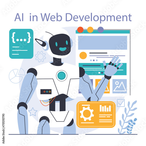 Ai integration. Artificial intelligence and human synergy. Neural network assistance and robotization of life. Self-learning computing system processing big data. Flat vector illustration