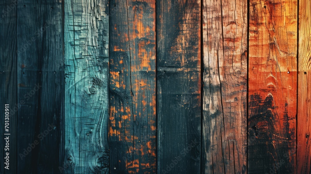 Close-up of a wooden surface with vibrant blue and orange hues, showing textured grain patterns.