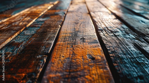 Close-up of a wooden surface with vibrant blue and orange hues, showing textured grain patterns.