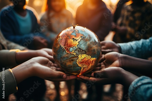 Hands cradling a vintage world globe in a warm, communal setting photo