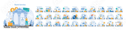 Bank Services set. From account opening to wealth management, a complete range of banking services detailed in visuals. Flat vector illustration.