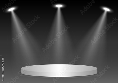 Stage Podium Illuminated with Spotlights for Award Ceremony, Product or Cosmetic Presentation or Event Exhibition. Vector Illustration.
