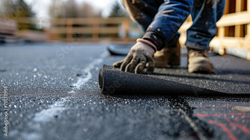 Flat Roof Worker Covering With Roofing Felt	 photo