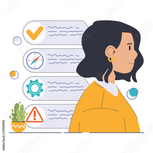Decision-making. Strategic thinking, brainstorming and solution research. Multiple options dilemma. Pros and cons , risk and benefits analysis. Flat vector illustration photo