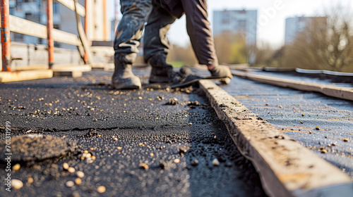 Flat Roof Worker Covering With Roofing Felt	