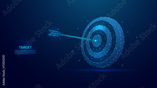Blue abstract illustration of an arrow hitting the target. Ideal for illustrating the concepts of success, achievement and goals. Low poly wireframe style technology blue background.