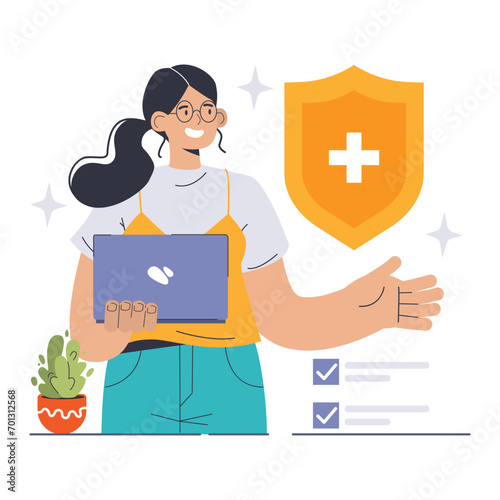Healthcare coverage concept. Confident woman with a laptop stands assured by a protective shield with a medical cross, ensuring health security. Flat vector illustration