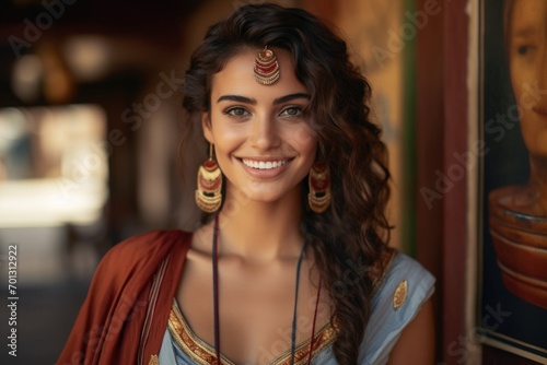 Beautiful Ancient Greece young woman smiling in traditional clothes and jewelry
