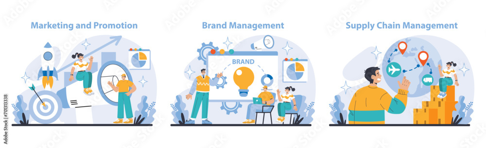 Corporate Strategy set. Enhancing marketing and promotion. Maintaining robust brand management. Streamlining supply chain operations. Visualizing business growth and market reach. vector illustration.