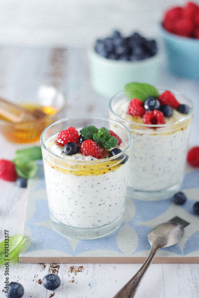 Greek yogurt in glasses with berries and quinoa Greek yogurt in glasses with berries and quinoa