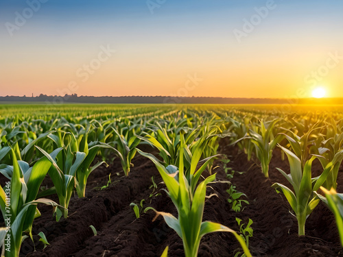 Corn fields, the sun shines beautifully in the evening