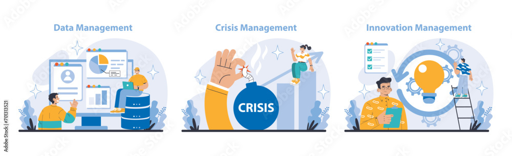 Operational processes and technologies set. Data, Crisis, and Innovation Management. Secure data handling, emergency responsiveness, creative solutions. Flat vector illustration. Operational processes and technologies set. Data, Crisis, and Innovation Management. Secure data handling, emergency responsiveness, creative solutions. Flat vector illustration.