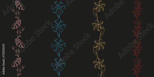 Beautiful design Vintage Floral wallpaper with Hand Drawn colorful summer flowers on black background. Ikkat fabric and bed linen print. Vector illustration. EPS 10