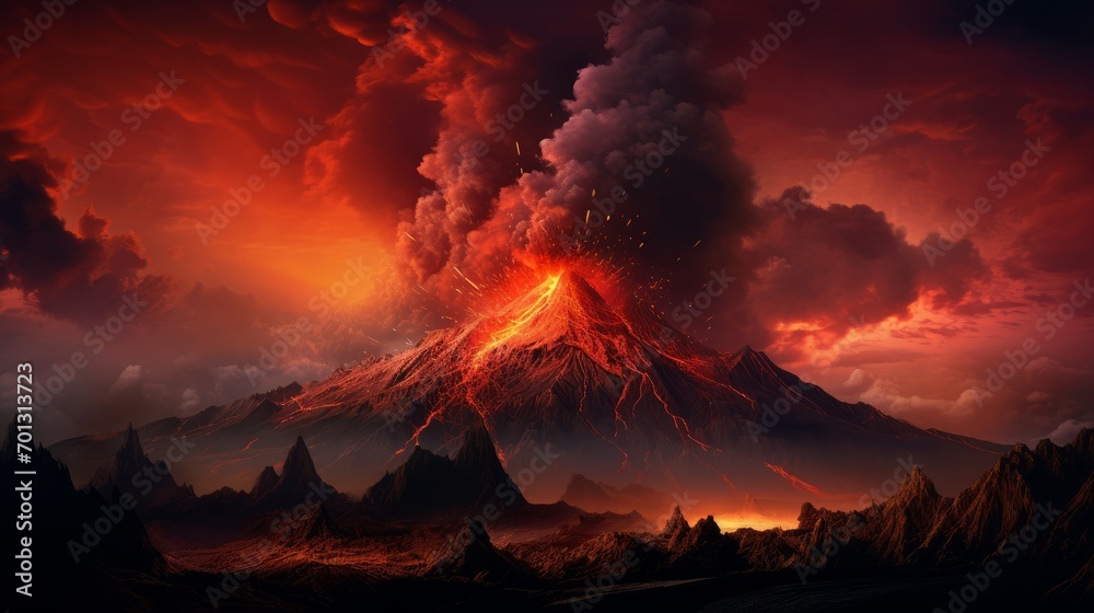 Volcanic eruption, lava flowing down the mountain