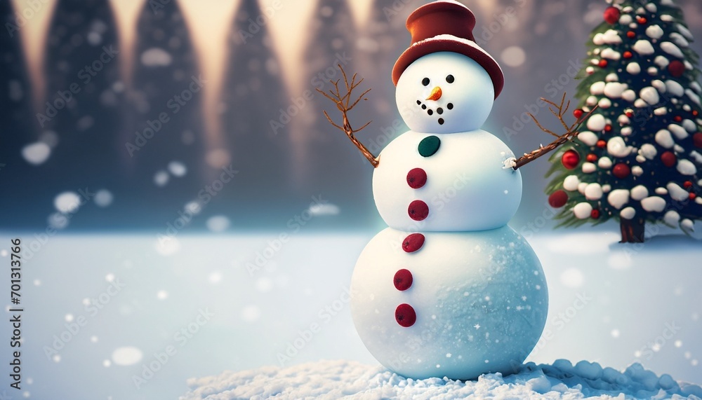 Fototapeta premium cheerful snowman with red hat and scarf suitable as Christmas background