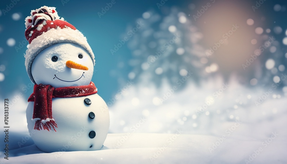 cheerful snowman with red hat and scarf suitable as Christmas background