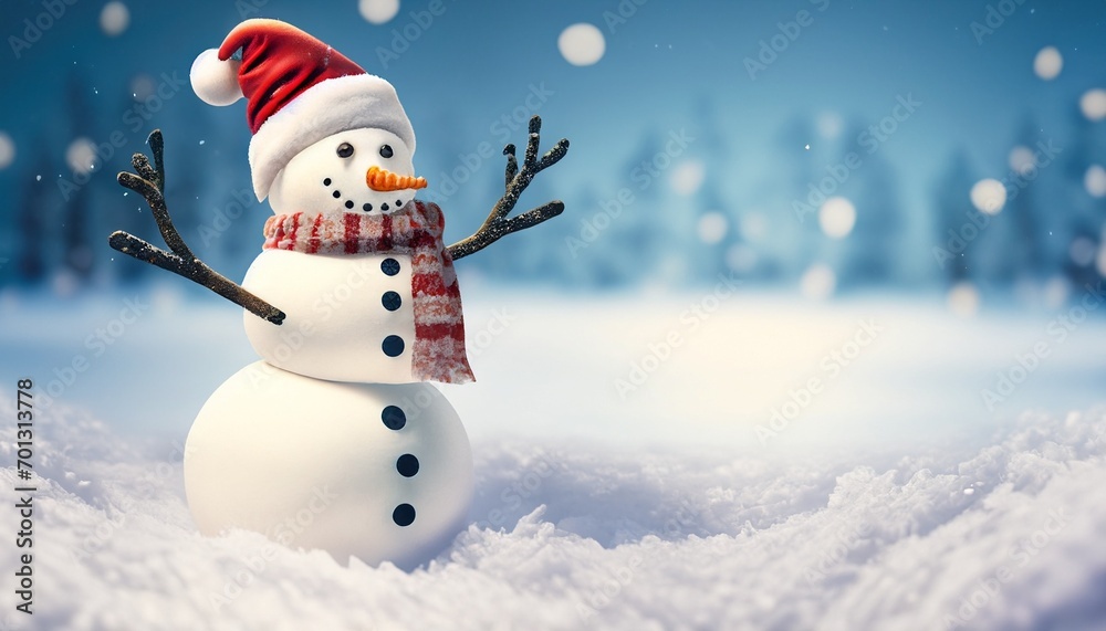 cheerful snowman with red hat and scarf suitable as Christmas background