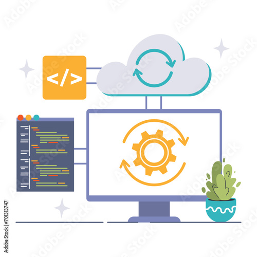 Middleware concept with cloud computing graphic and code symbol on a desktop setup, depicting software layer facilitating communication and data management. Flat vector illustration