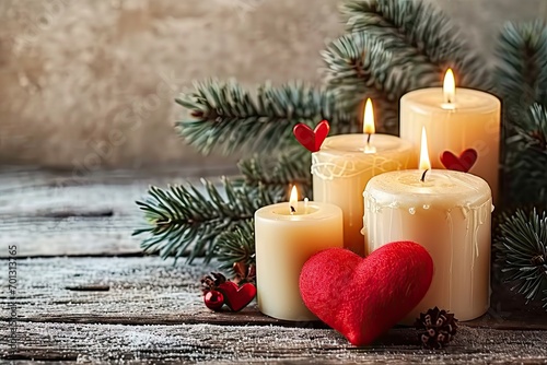 Festive christmas candlelight. Red candle illuminating december celebration. Cozy holiday atmosphere. Decorative on wooden table background. Merry xmas greeting card. Shiny candlelight in rustic