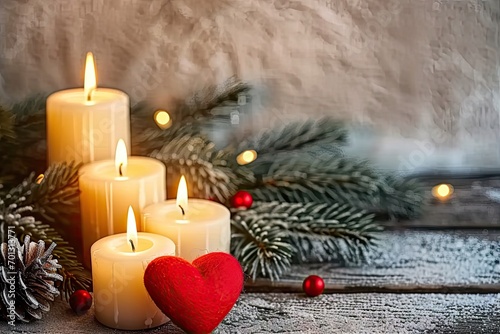 Festive christmas candlelight. Red candle illuminating december celebration. Cozy holiday atmosphere. Decorative on wooden table background. Merry xmas greeting card. Shiny candlelight in rustic