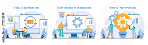 Production and Quality set. Insight into production planning, maintenance, and continuous improvement. Strategy and teamwork for quality outcomes. Flat vector illustration.