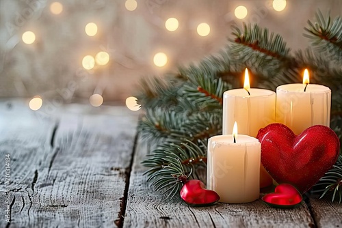 Festive christmas candlelight. Red candle illuminating december celebration. Cozy holiday atmosphere. Decorative on wooden table background. Merry xmas greeting card. Shiny candlelight in rustic