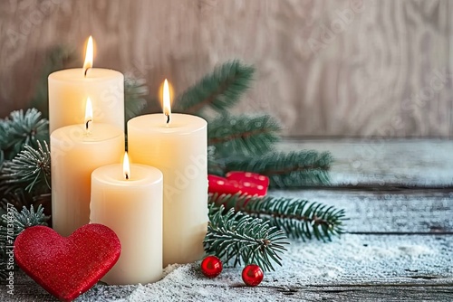 Festive christmas candlelight. Red candle illuminating december celebration. Cozy holiday atmosphere. Decorative on wooden table background. Merry xmas greeting card. Shiny candlelight in rustic