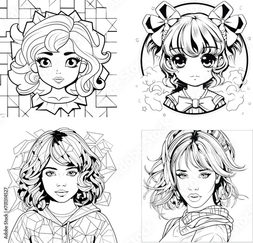 Cute girl vector image, black and white coloring page