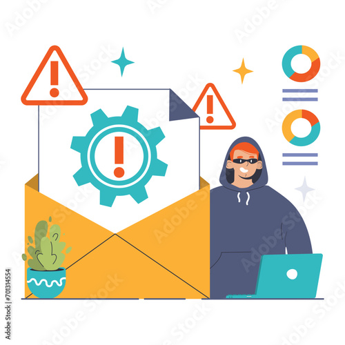 Operational Risk concept. Tech-savvy individual addresses cyber threats, encapsulating the challenges of digital security within corporate systems. Alertness in virtual environments. Flat vector