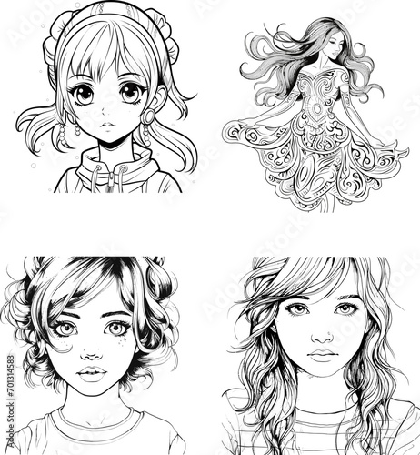 Cute girl vector image  black and white coloring page
