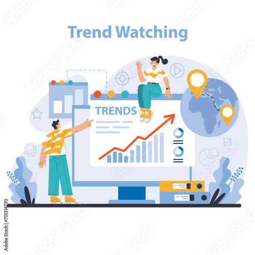 Trend watching. Specialist tracking new business trends. Forecasting, data analysis and promotion strategy development. Flat vector illustration photo