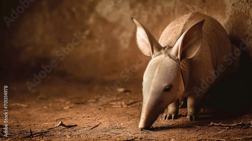 A miniature elephant shrew, a bizarre hybrid animal with a long snout, is photographed realistically near a wall. photo