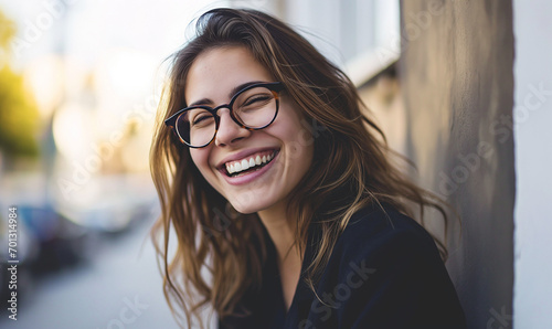Young happy cheerful professional business woman, happy laughing female office worker wearing glasses looking away at copy space advertising job opportunities or good business service