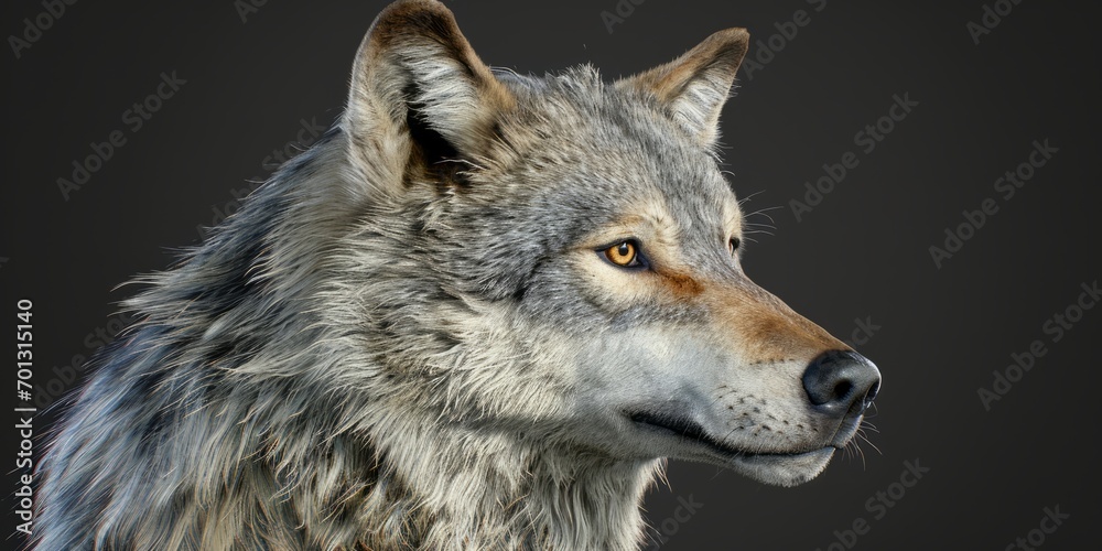 A wolf's face, with hyper-detailed fur, is portrayed against a black background.