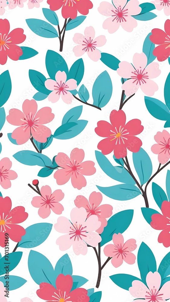 a dense mosaic of stylized flowers with petals in shades of pink, white, and blue, arranged against a white background. The design is cheerful and colorful, conveying a lively and spring-like mood.
