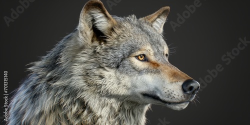 A wolf s face  with hyper-detailed fur  is portrayed against a black background.