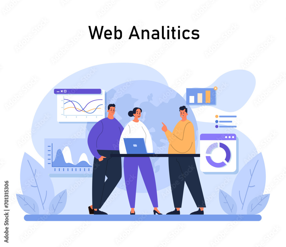 Web Analytics highlighted. Team of three collaborates on website data, deciphering growth trends on a dashboard. Analysis tools and metrics showcased. Flat vector.