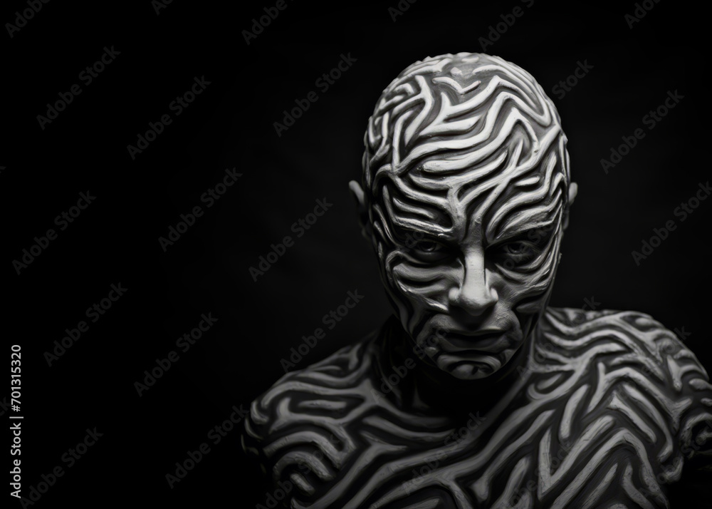 An individual is depicted with a body painted like a zebra, showcasing intricate tribal patterns and heavy contour lines.