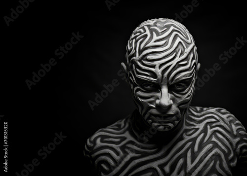 An individual is depicted with a body painted like a zebra  showcasing intricate tribal patterns and heavy contour lines.